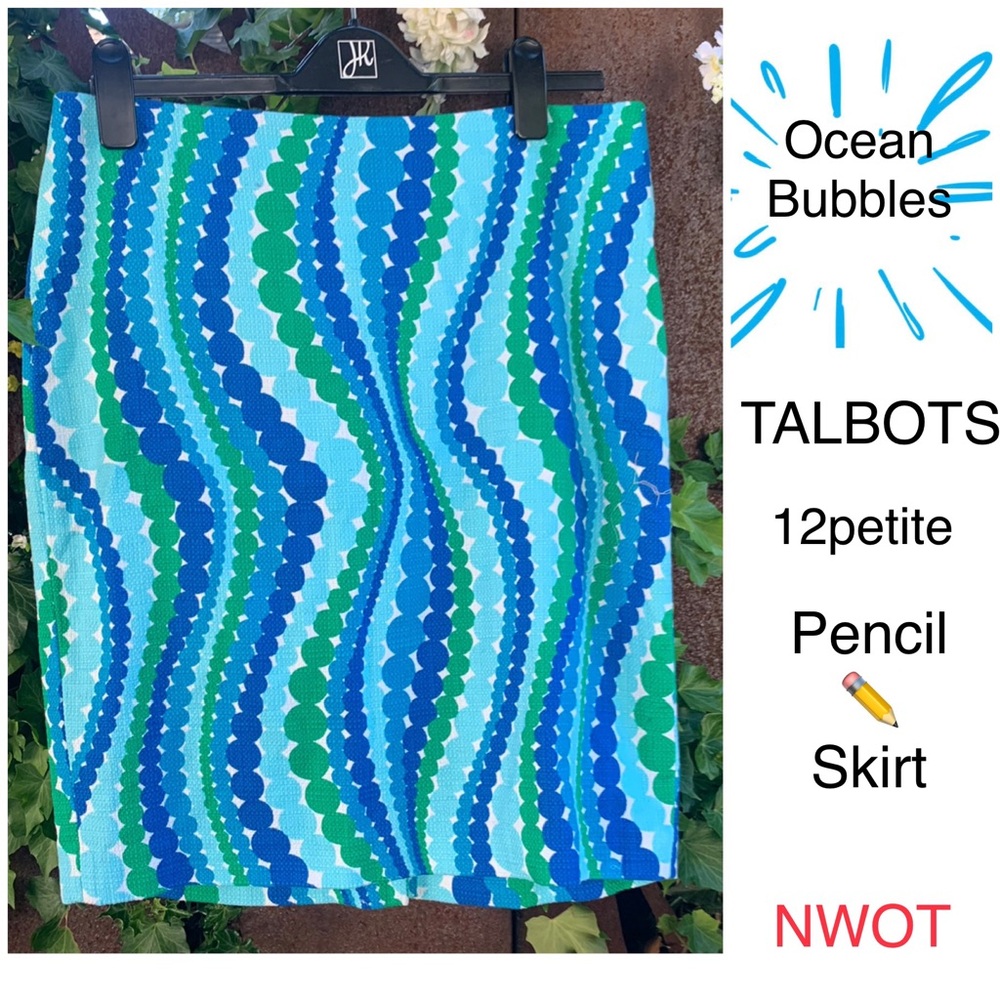 NWOT ⭐️ TALBOTS 🌊 🫧 ✏️ SKIRT, 12 Petite Blue BUBBLES cotton Skirt